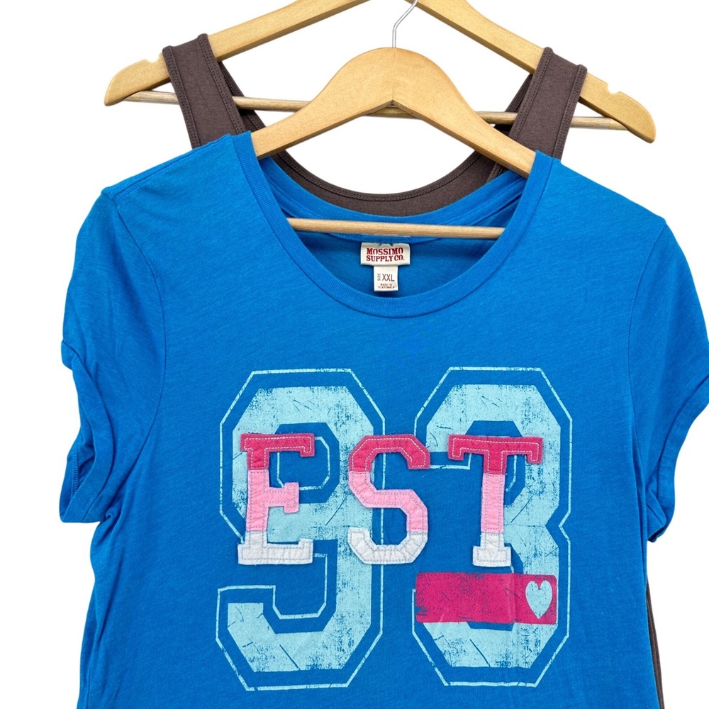 Y2K Mossimo Supply Co BUNDLE XXL Blue Tee Brown Tank Top 2pc Set VTG Embroidered